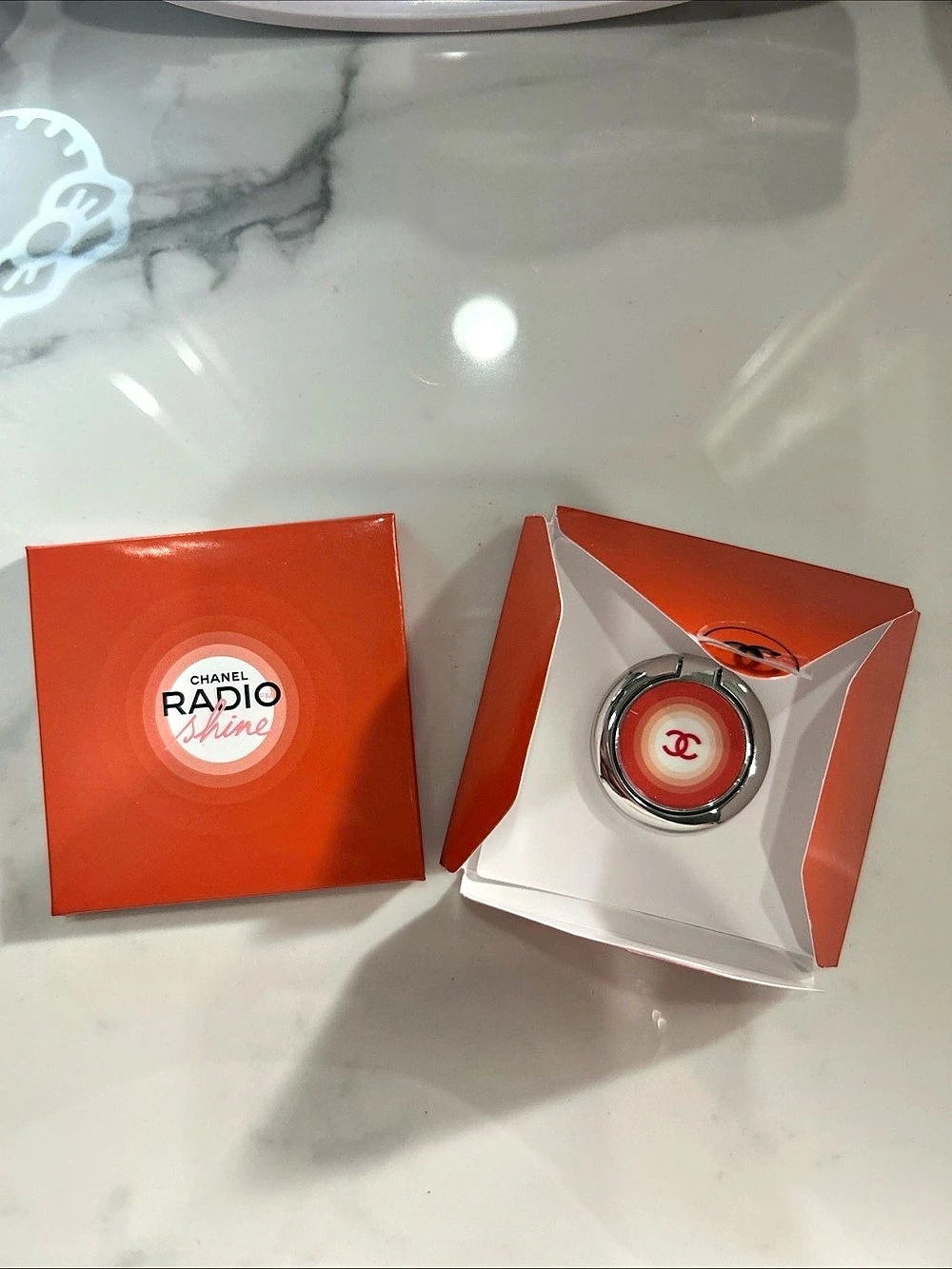 Chanel Orange Silver Collectible Radio Shine phone holder ring